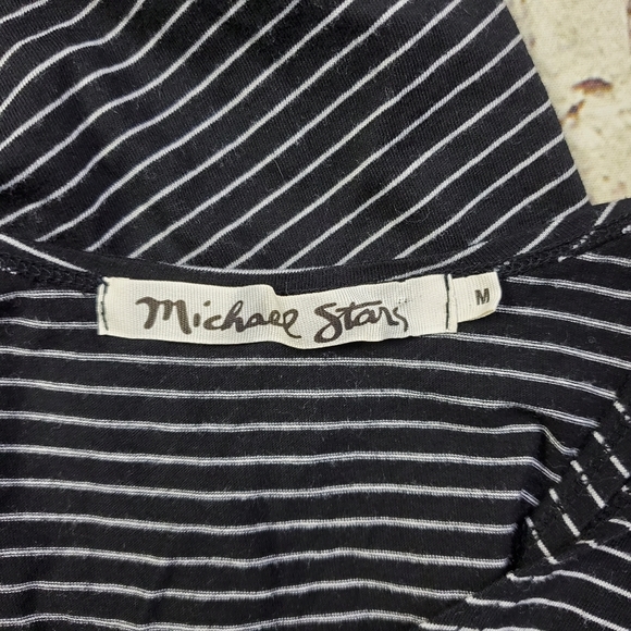 Michael Stars Black Gray Striped Midi Dress Side Slit High Neck Bodycon Casual M - Picture 4 of 10